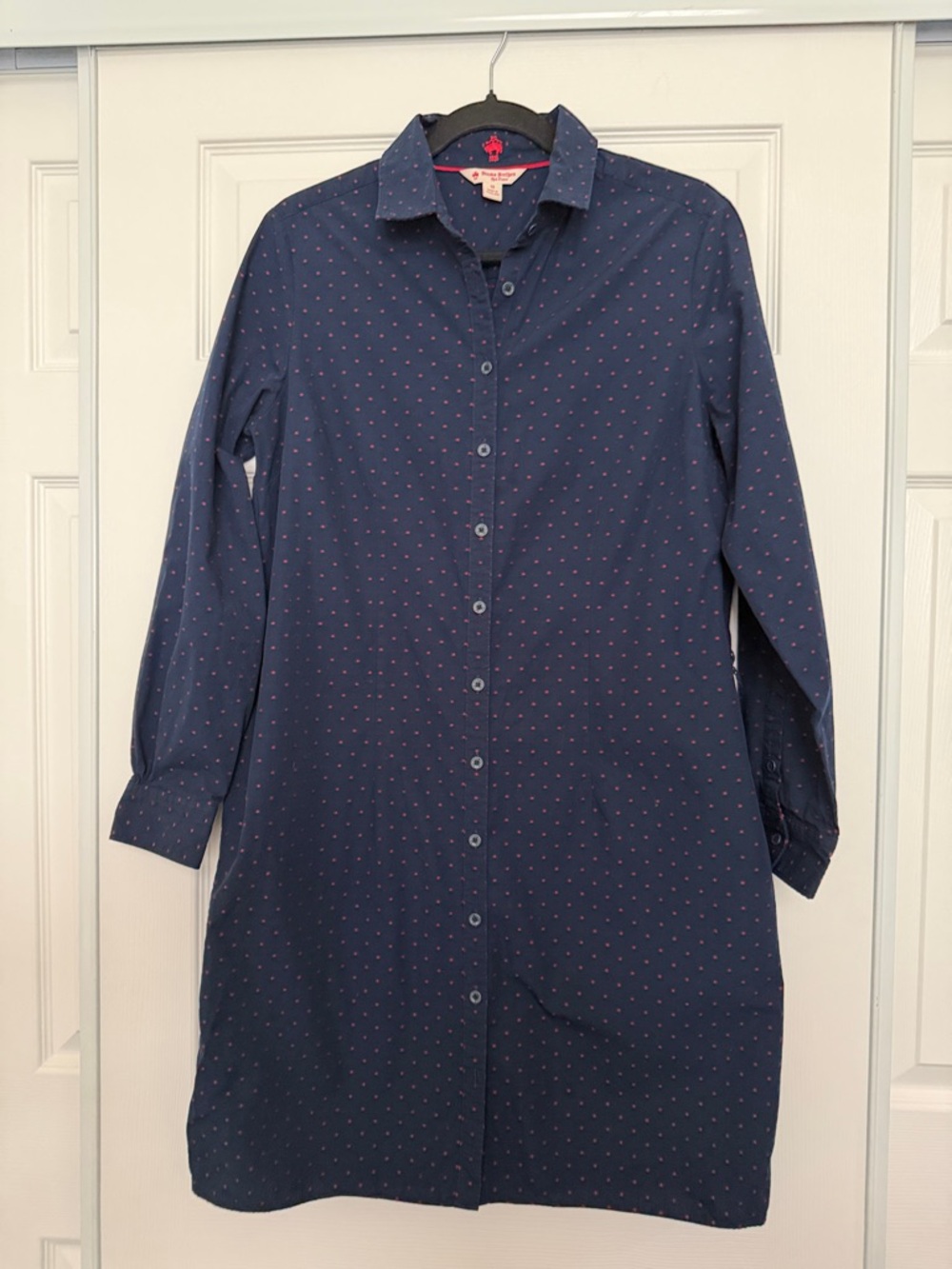 Brooks Brothers Navy Button-Up Shirt Dress with Polka Dot Print